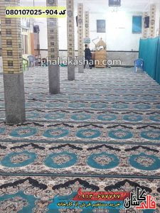 خرید فرش قالی کاشان فروش فرش ماشینی سجاد فرش نماز و مسجد طرح فرشته زمینه آبی کاشان پهن شده 2