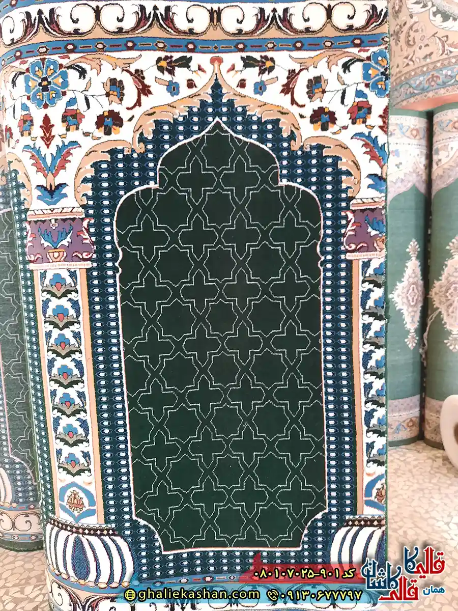 سجاده فرش نماز و مسجد 700 شانه طرح رضوان فاضل زمینه سبز تیره کاشان 3