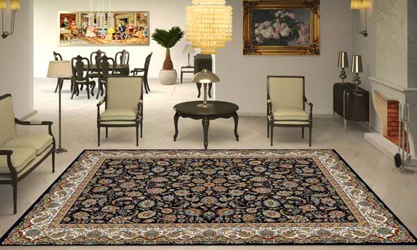 ست کردن دکوراسیون سفید با فرش سرمه ای قالی کاشان