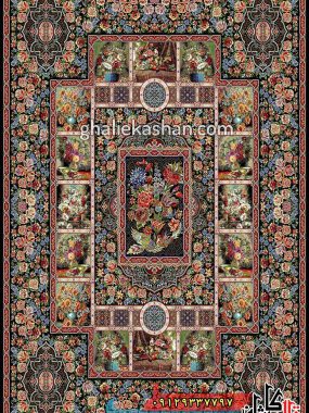 فرش 1000 شانه طرح باغ ارم زمینه سرمه ای عقیق کاشان 2
