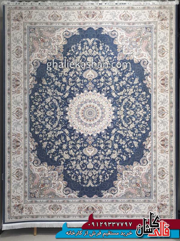 فرش 1500 شانه طرح باران زمینه اطلسی محتشم کاشان - گل برجسته