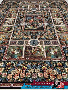 فرش 1000 شانه طرح باغ ارم زمینه سرمه ای کاشان 2