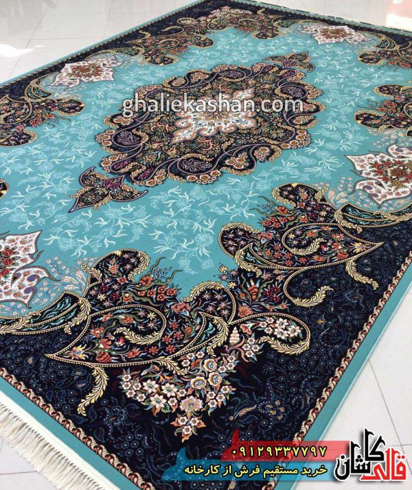 فرش 1000 شانه طرح شهرزاد زمینه فیروزه ای کاشان 3