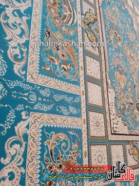 فرش 1200 شانه طرح آذین زمینه آبی کاشان گل برجسته 1