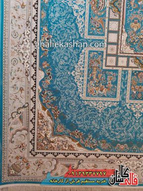 فرش 1200 شانه طرح آذین زمینه آبی کاشان گل برجسته 2