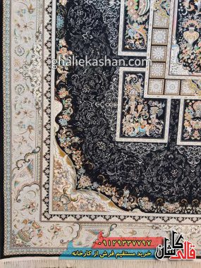 فرش 1200 شانه طرح آذین زمینه سرمه ای کاشان گل برجسته 2