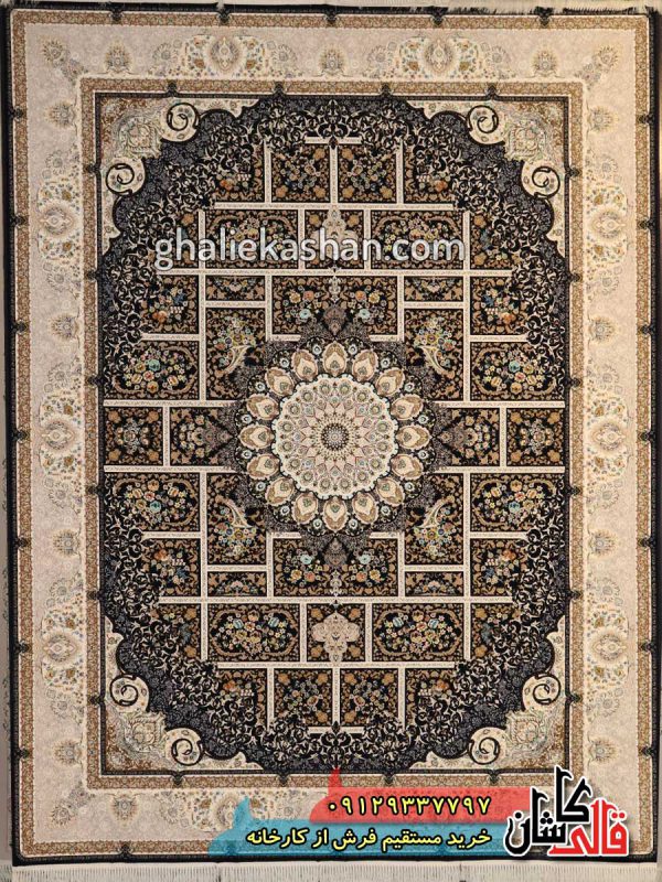 فرش 1200 شانه طرح خشتی زمینه سرمه ای کاشان گل برجسته