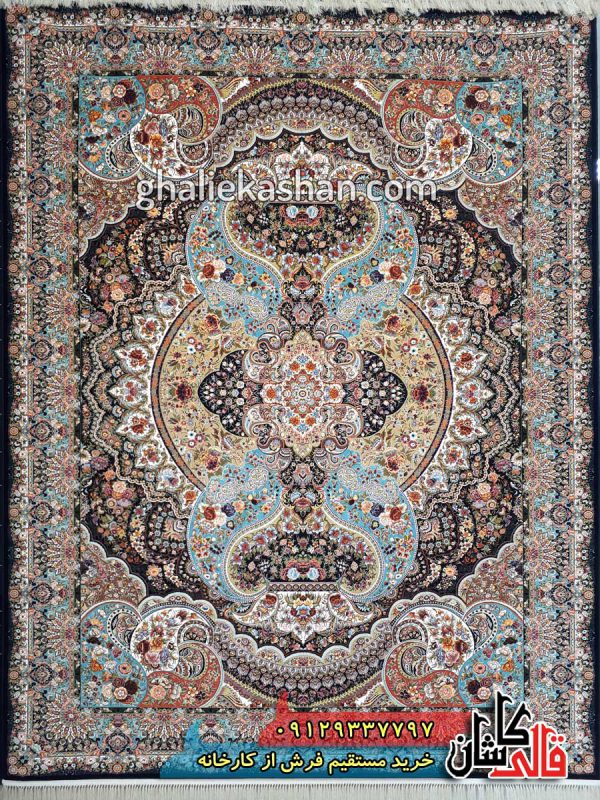 فرش 1200 شانه طرح اهورا زمینه سرمه ای کاشان