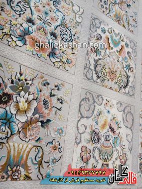 فرش 1200 شانه طرح باغ فین زمینه نقره ای کاشان گل برجسته 1