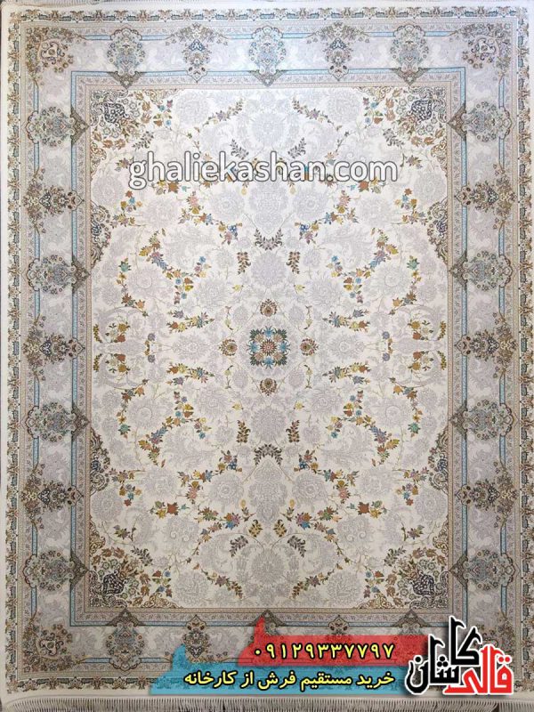 فرش 1200 شانه طرح هشت بهشت زمینه کرم کاشان گل برجسته