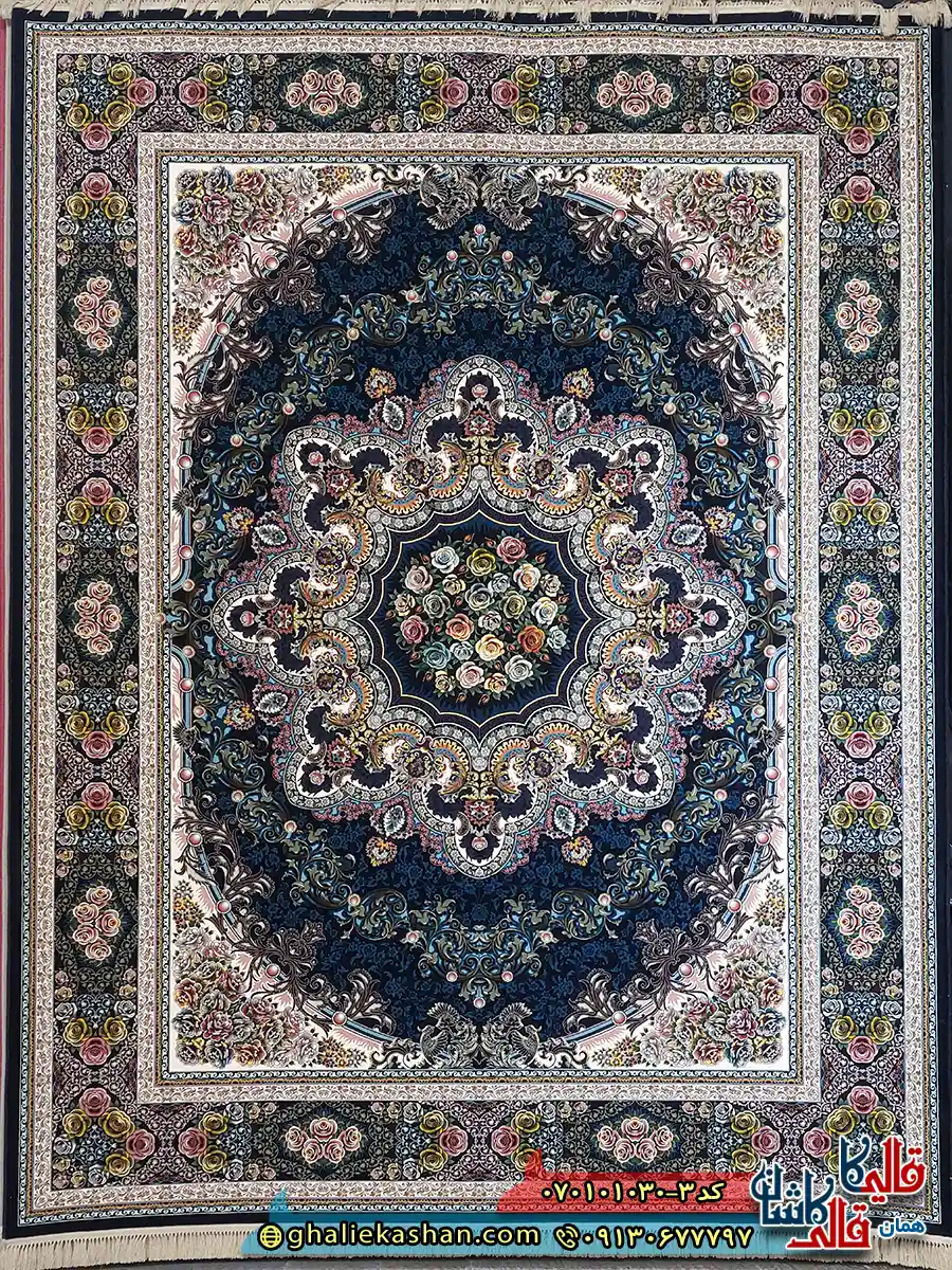 فرش کلاسیک 1000 شانه طرح ایلیا رنگ سرمه ای کاشان اصلی