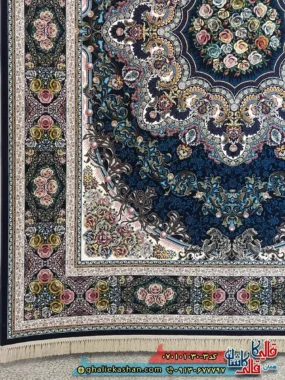 فرش کلاسیک 1000 شانه طرح ایلیا رنگ سرمه ای کاشان حاشیه