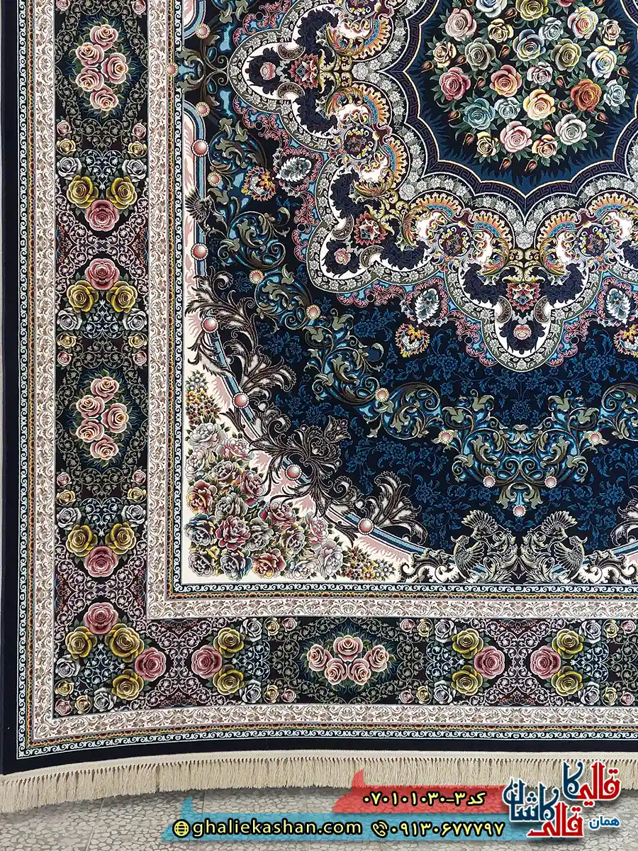 فرش کلاسیک 1000 شانه طرح ایلیا رنگ سرمه ای کاشان حاشیه