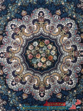 فرش کلاسیک 1000 شانه طرح ایلیا رنگ سرمه ای کاشان زمینه