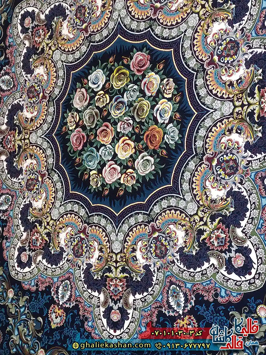 فرش کلاسیک 1000 شانه طرح ایلیا رنگ سرمه ای کاشان نزدیک