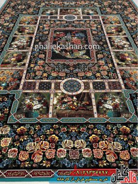 فرش 1000 شانه طرح باغ ارم زمینه فیروزه ای کاشان 1
