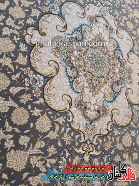 فرش 1200 شانه طرح سپهر زمینه ذغالی کاشان گل برجسته 1