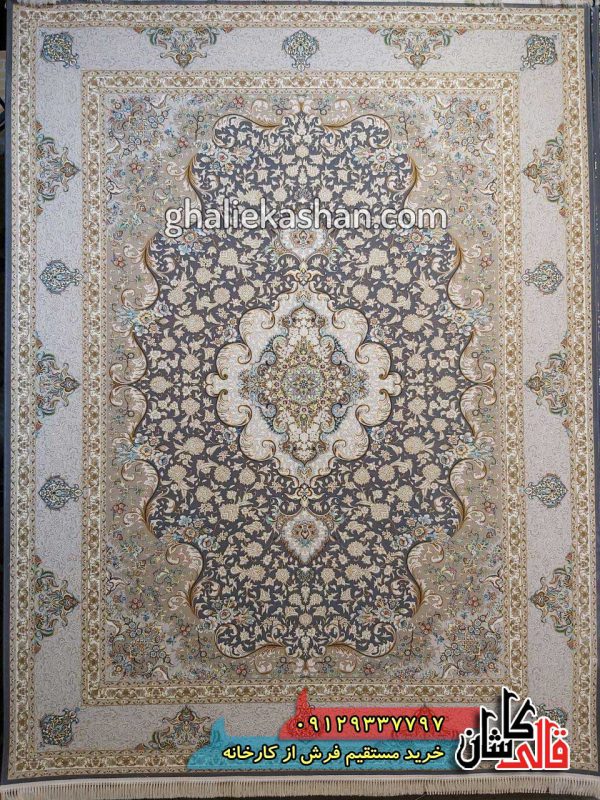 فرش 1200 شانه طرح سپهر زمینه ذغالی کاشان گل برجسته