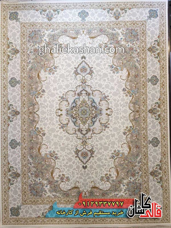 فرش 1200 شانه طرح سپهر زمینه کرم کاشان گل برجسته