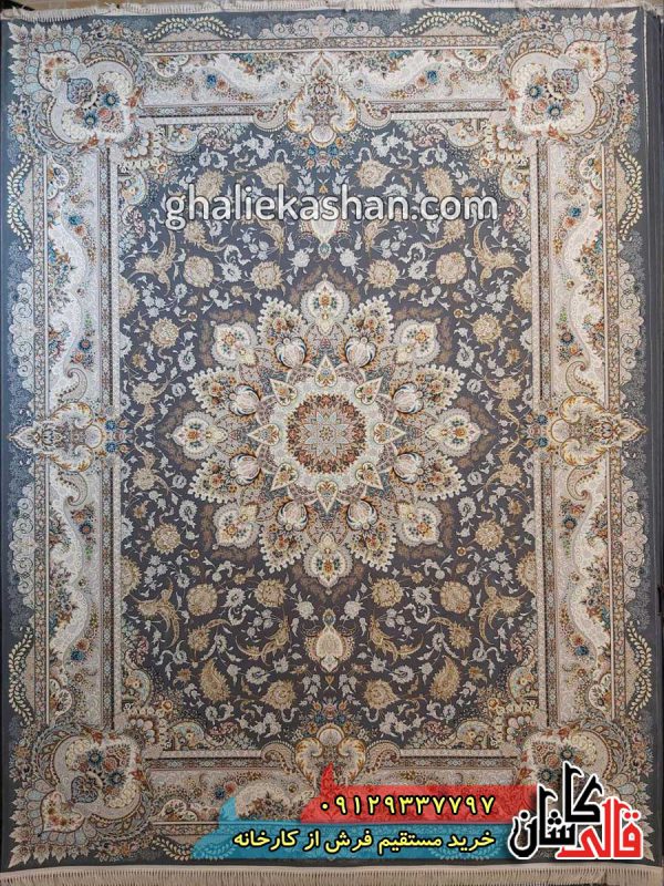 فرش 1200 شانه طرح پرواز زمینه ذغالی کاشان گل برجسته