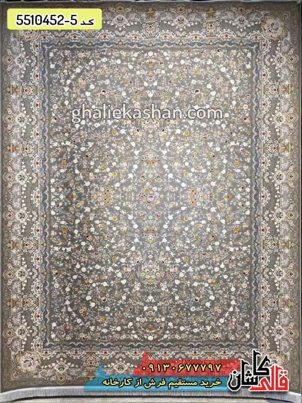 فرش 1500 شانه طرح شهرزاد زمینه نقره ای کاشان گل برجسته