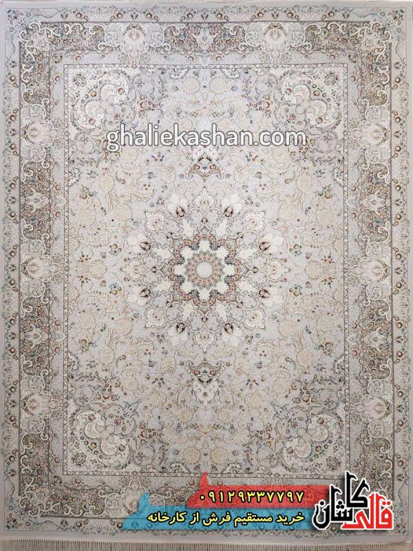 فرش 1200 شانه طرح تبریزان زمینه نقره ای کاشان گل برجسته