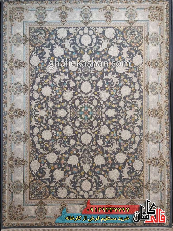 فرش 1200 شانه طرح هشت بهشت زمینه ذغالی کاشان گل برجسته