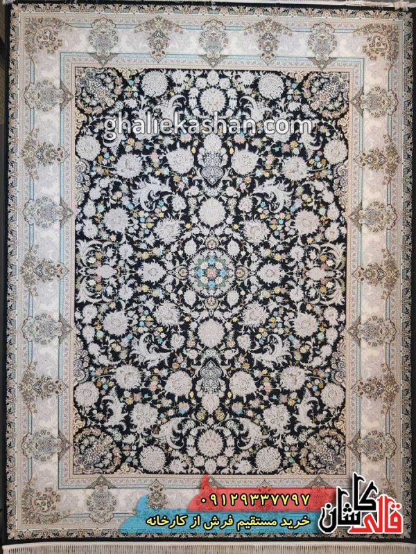 فرش 1200 شانه طرح هشت بهشت زمینه سرمه ای کاشان گل برجسته