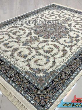 فرش 1000 شانه طرح باغ حریر زمینه کرم چرک کاشان گل برجسته 1