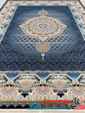 فرش 1000 شانه طرح کادو زمینه سرمه ای کاشان گل برجسته 2