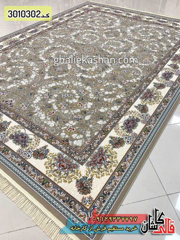 فرش کاشان قالی کاشان خرید فرش 1000 شانه طرح شاهان زمینه فیلی کاشان گل برجسته