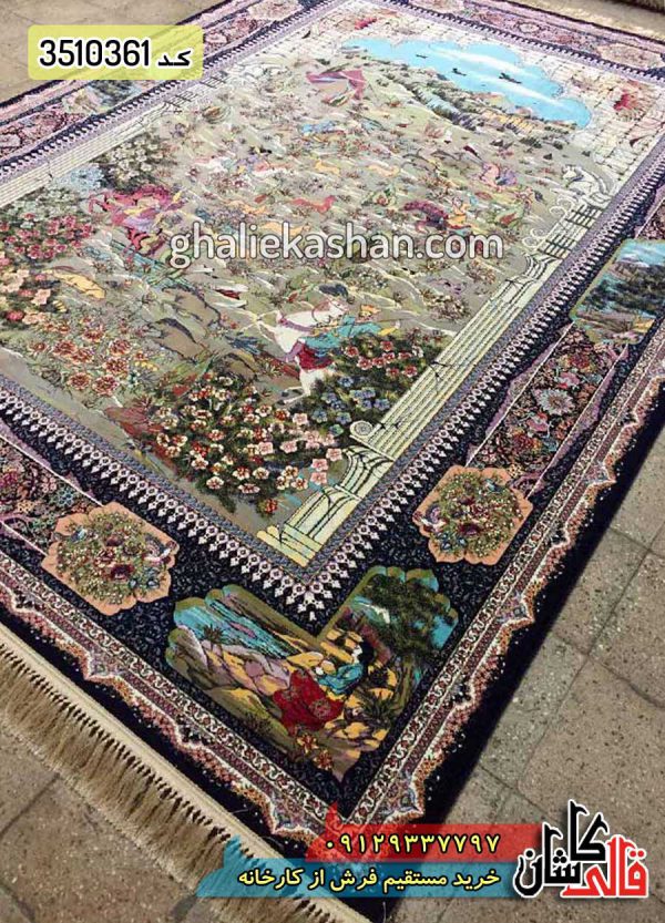 فرش کاشان - قالی کاشان - خرید فرش 1200 شانه طرح شکارگاه زمینه سرمه ای کاشان