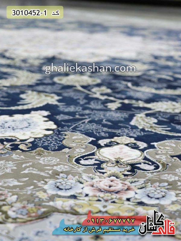 فرش کاشان قالی کاشان خرید فرش 1500 شانه طرح اصفهان زمینه سرمه ای کاشان گل برجسته 1