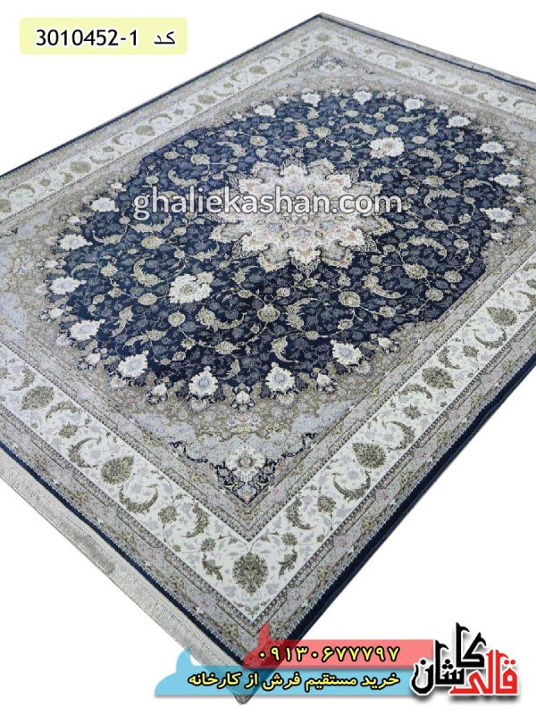 فرش کاشان قالی کاشان خرید فرش 1500 شانه طرح اصفهان زمینه سرمه ای کاشان گل برجسته 4