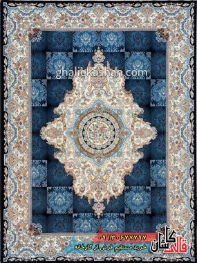 فرش کاشان قالی کاشان خرید فرش 1000 شانه طرح نیلوفر زمینه سرمه ای کاشان گل برجسته 1