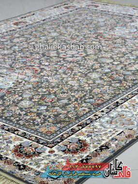فرش کاشان قالی کاشان خرید فرش 1200 شانه طرح آی گل زمینه سیلور کاشان 1