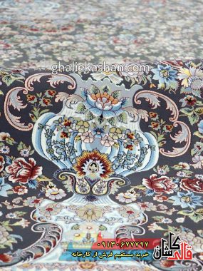 فرش کاشان قالی کاشان خرید فرش 1200 شانه طرح آی گل زمینه سیلور کاشان 2
