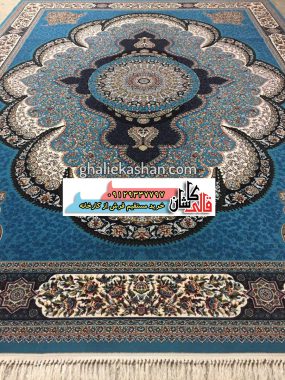 فرش کاشان قالی کاشان خرید فرش 700 شانه طرح آرشیدا زمینه آبی فیروزه ای کاشان 1
