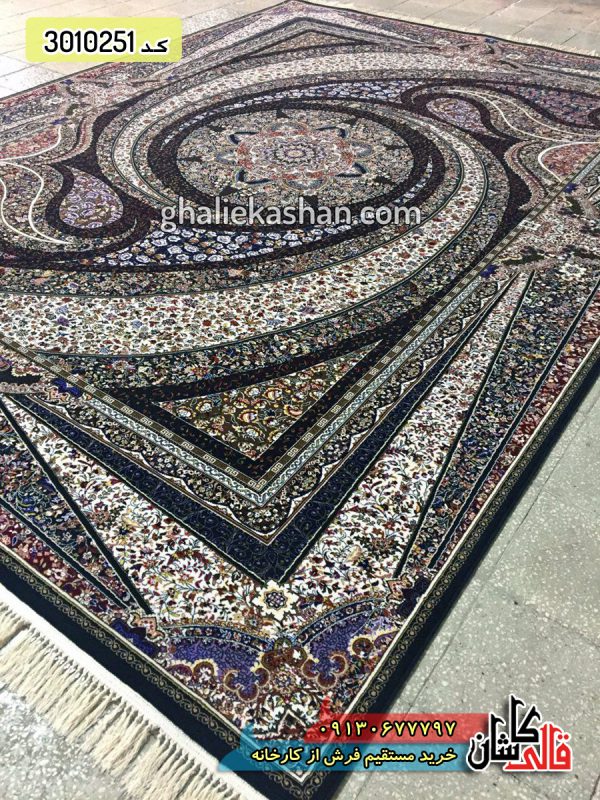 فرش کاشان قالی کاشان خرید فرش 700 شانه طرح کهکشان زمینه سرمه ای کاشان
