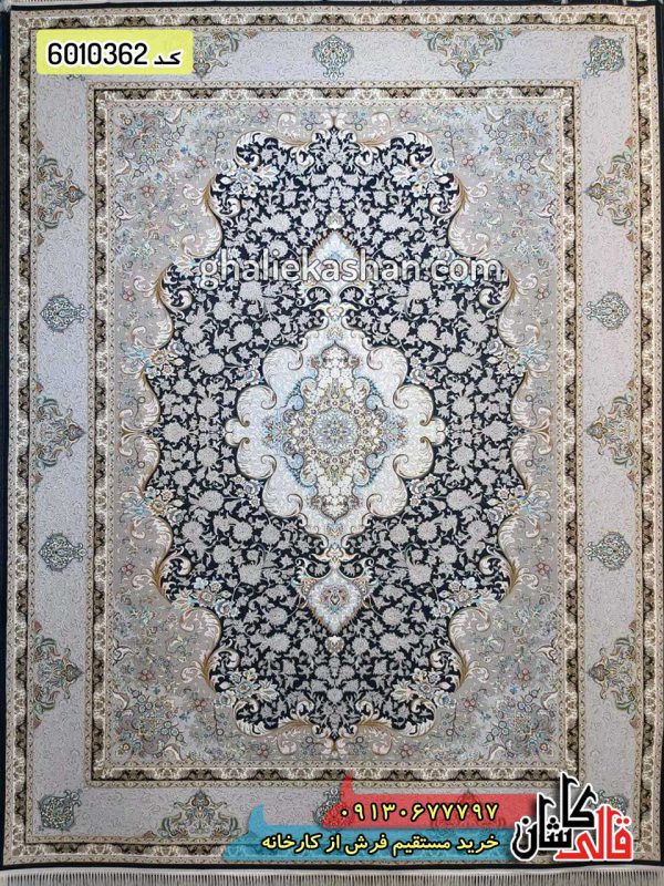 فرش کاشان قالی کاشان خرید فرش 1200 شانه طرح ماهان زمینه سرمه ای کاشان گل برجسته