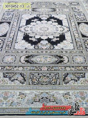 فرش کاشان قالی کاشان خرید فرش 1500 شانه طرح خشتی زمینه سرمه ای کاشان گل برجسته 3
