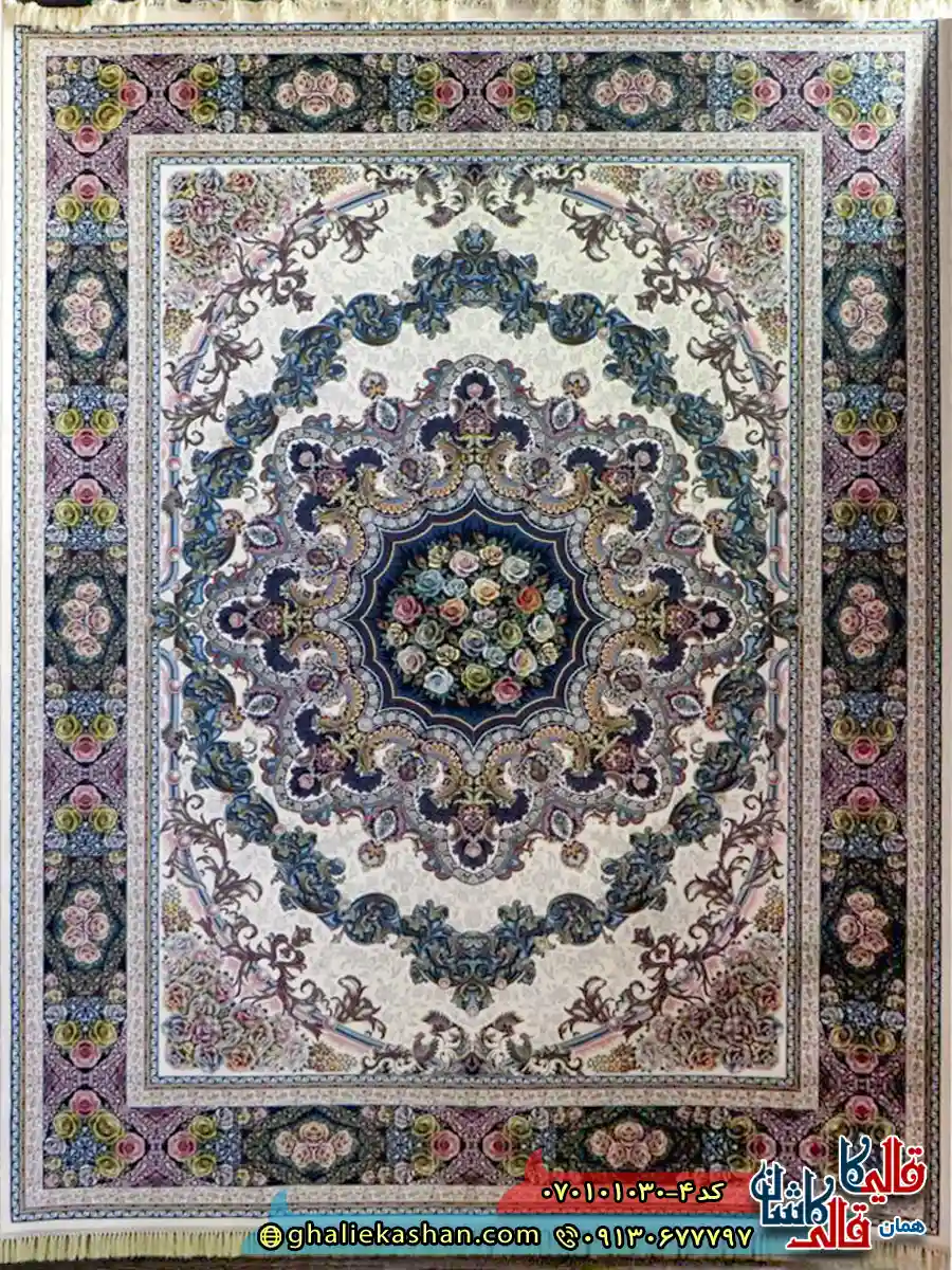 فرش کلاسیک 1000 شانه طرح ایلیا رنگ کرم کاشان اصلی