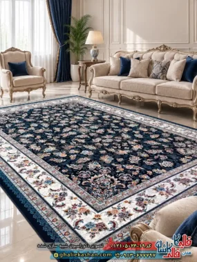 فرش طرح 700 شانه طرح افشان گیلدا زمینه سرمه ای کاشان