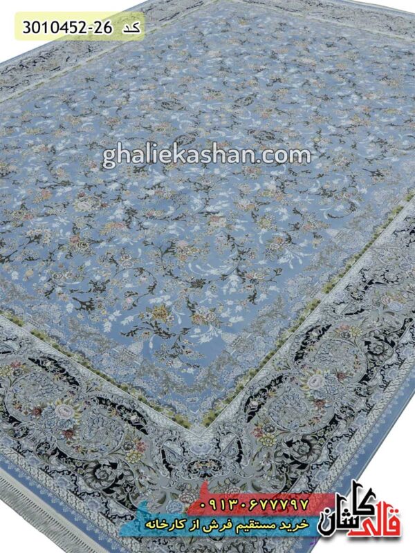 فرش کاشان قالی کاشان خرید فرش 1500 شانه طرح روژان زمینه آبی گل برجسته کاشان