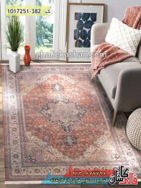 فرش کاشان خرید فرش فانتزی و مدرن 700 شانه طرح وینتیج ( کهنه نما ) زمینه روناسی قالی کاشان