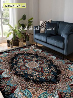 فرش کاشان خرید فرش طرح 700 شانه ( 500 شانه ) طرح اهورا زمینه سرمه ای قالی کاشان