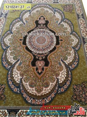 فرش کاشان خرید فرش طرح 700 شانه ( 500 شانه ) طرح آرشیدا زمینه زیتونی قالی کاشان - طرح فرش کلاسیک جدید