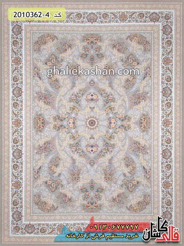 فرش کاشان خرید فرش 1200 شانه طرح زیبا زمینه نقره ای گل برجسته قالی کاشان