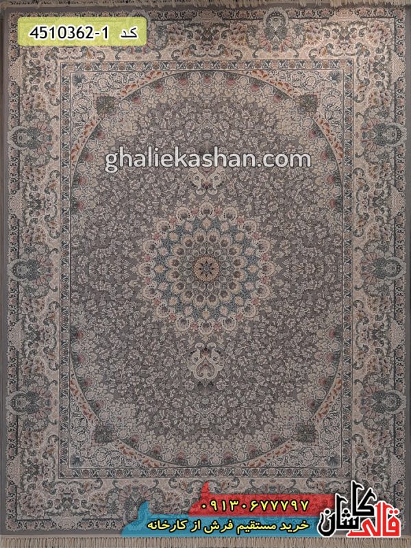 فرش کاشان خرید فرش 1200 شانه طرح نائین زمینه نقره ای گل برجسته قالی کاشان - فرش طرح اصفهان و نائین