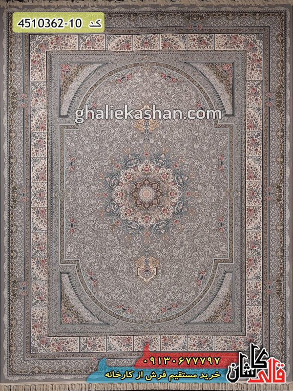 فرش کاشان خرید فرش 1200 شانه طرح طاق بستان زمینه نقره ای گل برجسته قالی کاشان